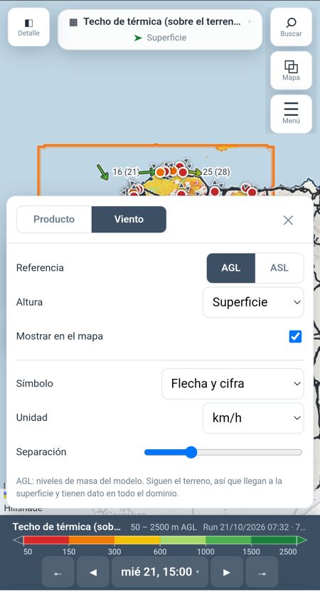 La pestaña Viento en el móvil